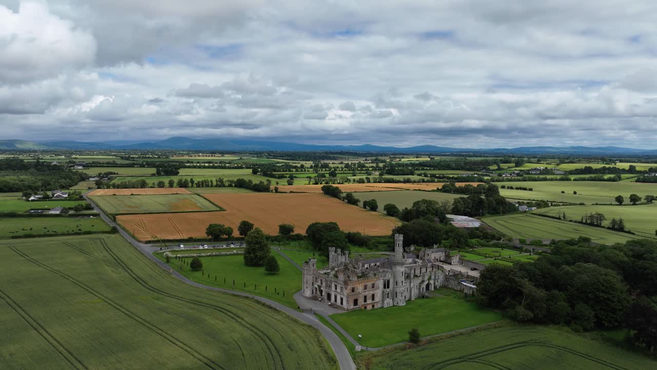 Aerial time lapse Ducketts Grove Castle in Carlow Ireland haunted and mystical place