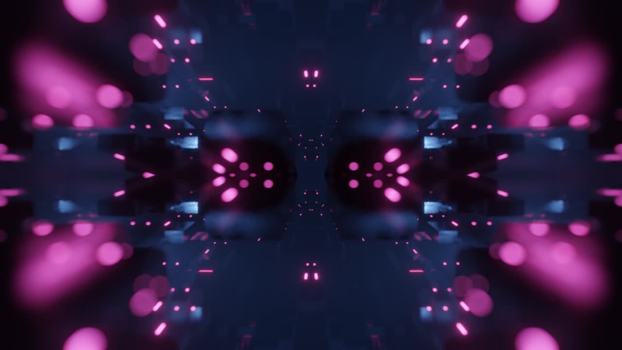 VJ smyčka, pozadí s pohybovým designem. Abstraktní pohybová grafika na pozadí, 3D symetrická zářící konstrukce. Tajemné světelné technické struktury. VJ pro noční klub. Hi-tech sci-fi pozadí moderní technologie.