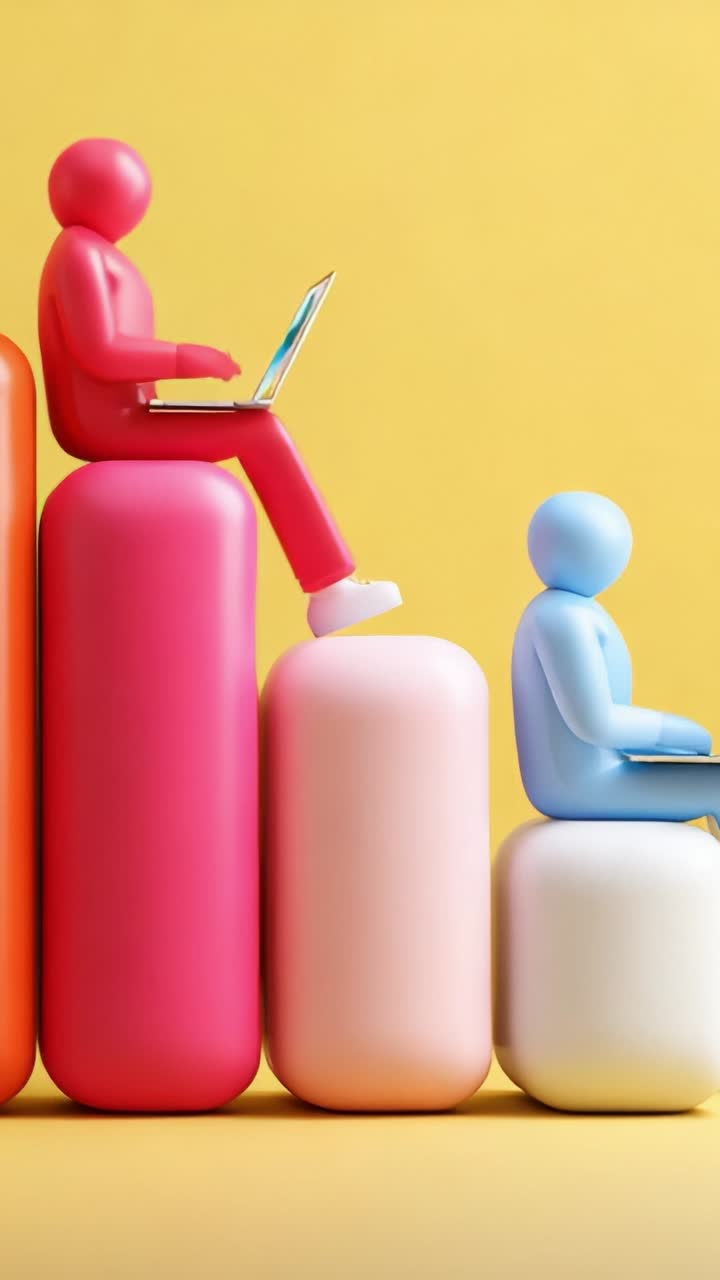 Colorful figurines representing progress in digital learning, working on laptops atop ascending cylindrical platforms against a vibrant yellow background