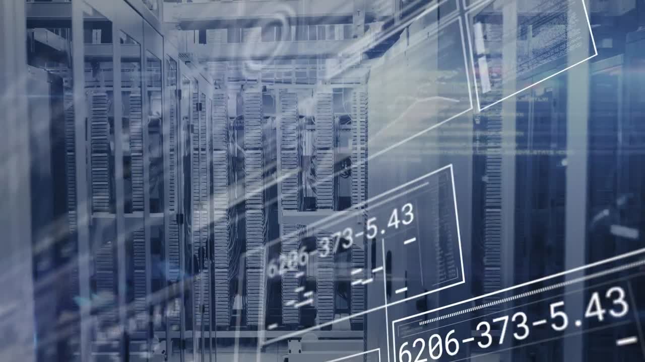 Animation of interface with data processing against computer server room