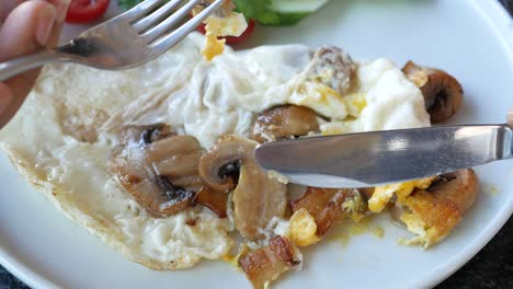 fried eggs with mushrooms and vegetables