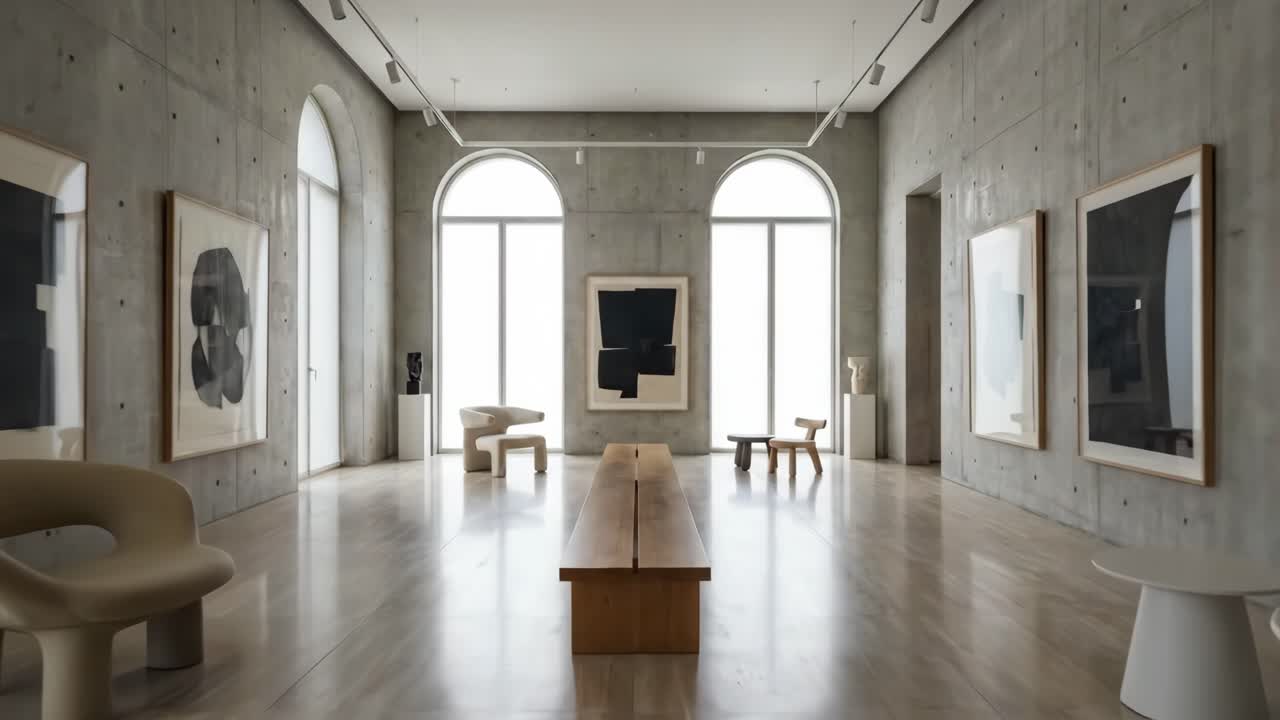 Langsom indzoomning på et Samtidskunstgalleri med abstrakt kunst