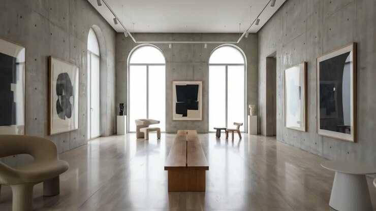 Langsom indzoomning på et Samtidskunstgalleri med abstrakt kunst