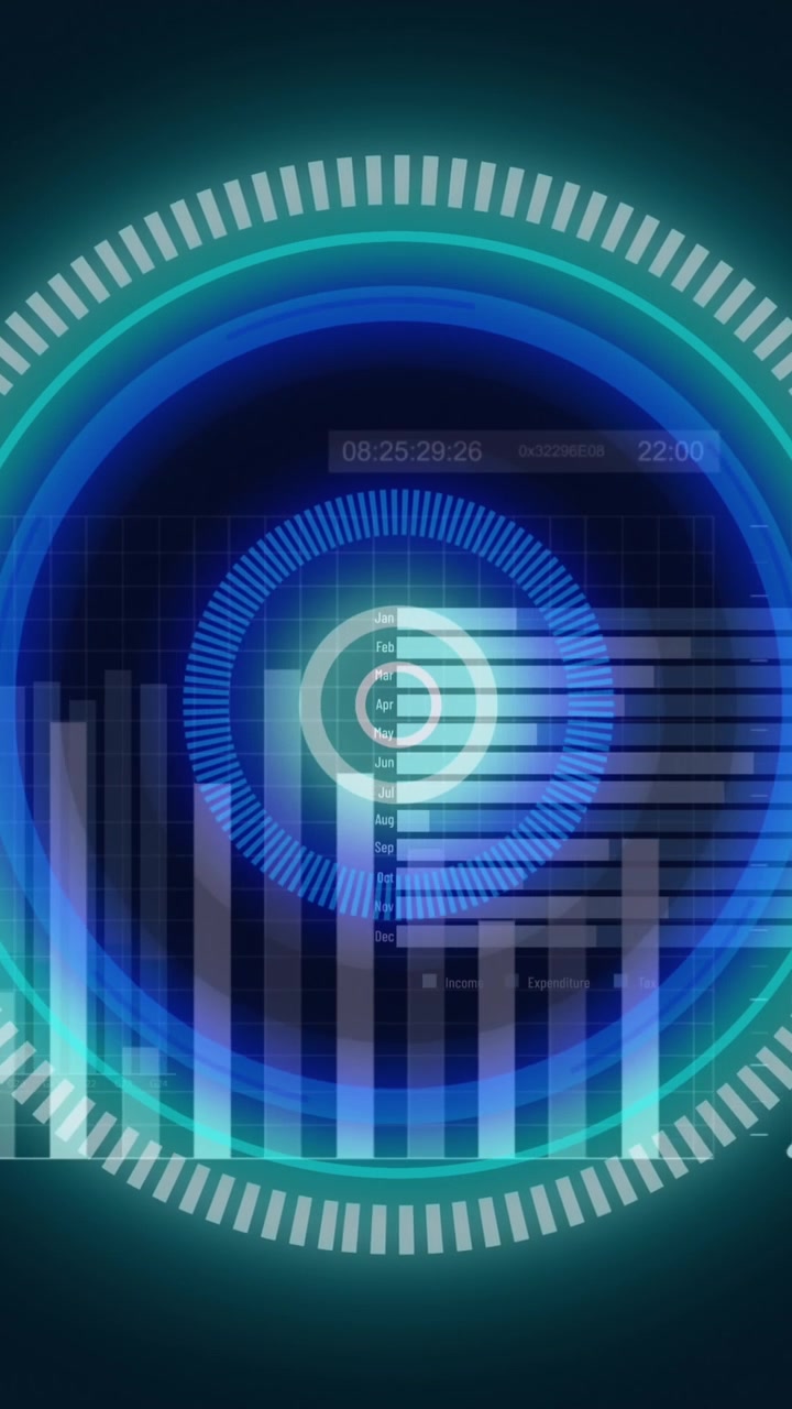 Animation of neon round scanner over statistical data processing against blue background
