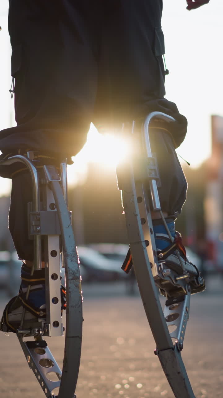 해가 지는 동안 회색 후디와 바지를 입고 스프링 스에서 는 사람의 뒷면. 배경에는 흐릿한 나무, 교외 거리, 따뜻한 빛이 부드러운 그림자를 만니다.