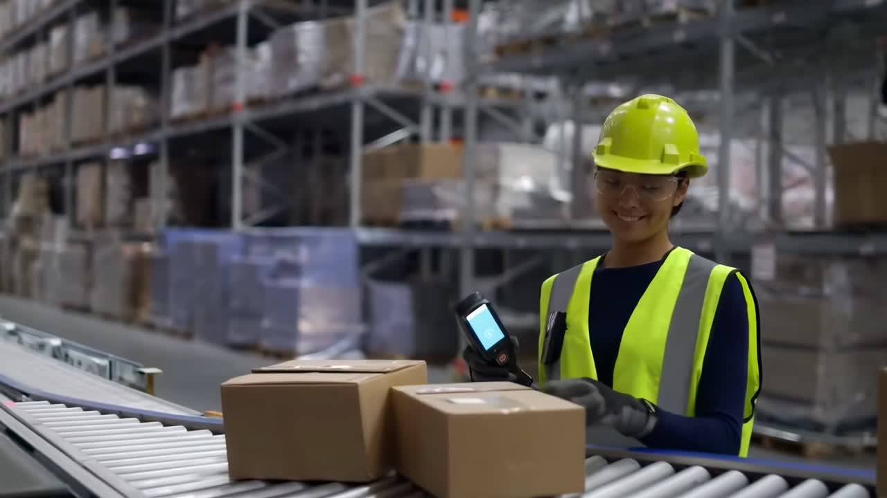 Video grandangolare di un operaio in un magazzino che scansiona pacchi, enfatizzando l'efficienza