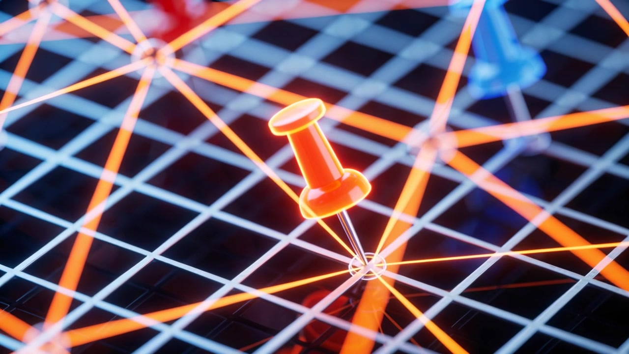 Hovering orange pushpin sinking to node on white grid as focus shifting, blue pushpin appearing