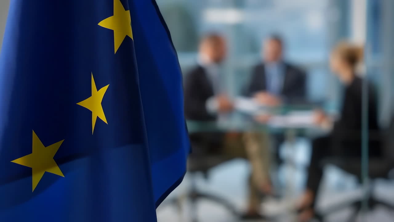 Bandiera dell'Unione Europea in primo piano con riunione d'affari sfocata sullo sfondo