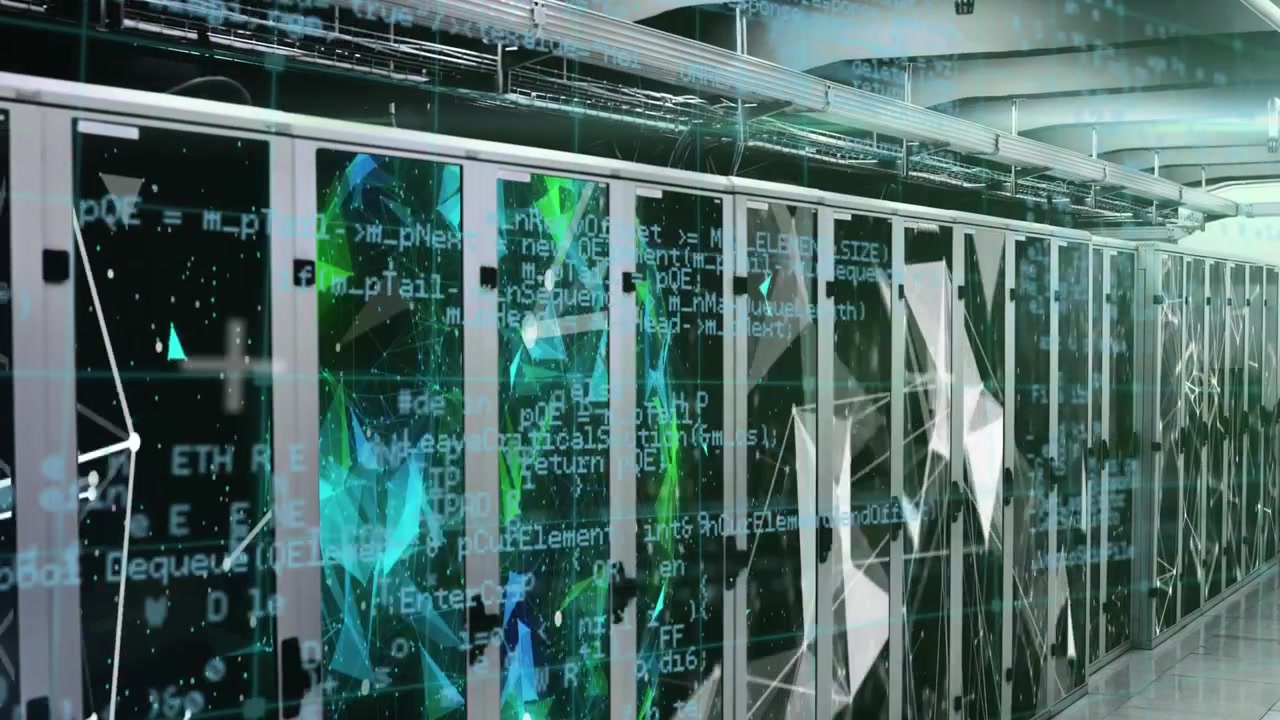 Animation of server room and data processing over servers