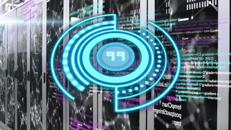 Animation-of-blue-circle-with-numbers-over-servers