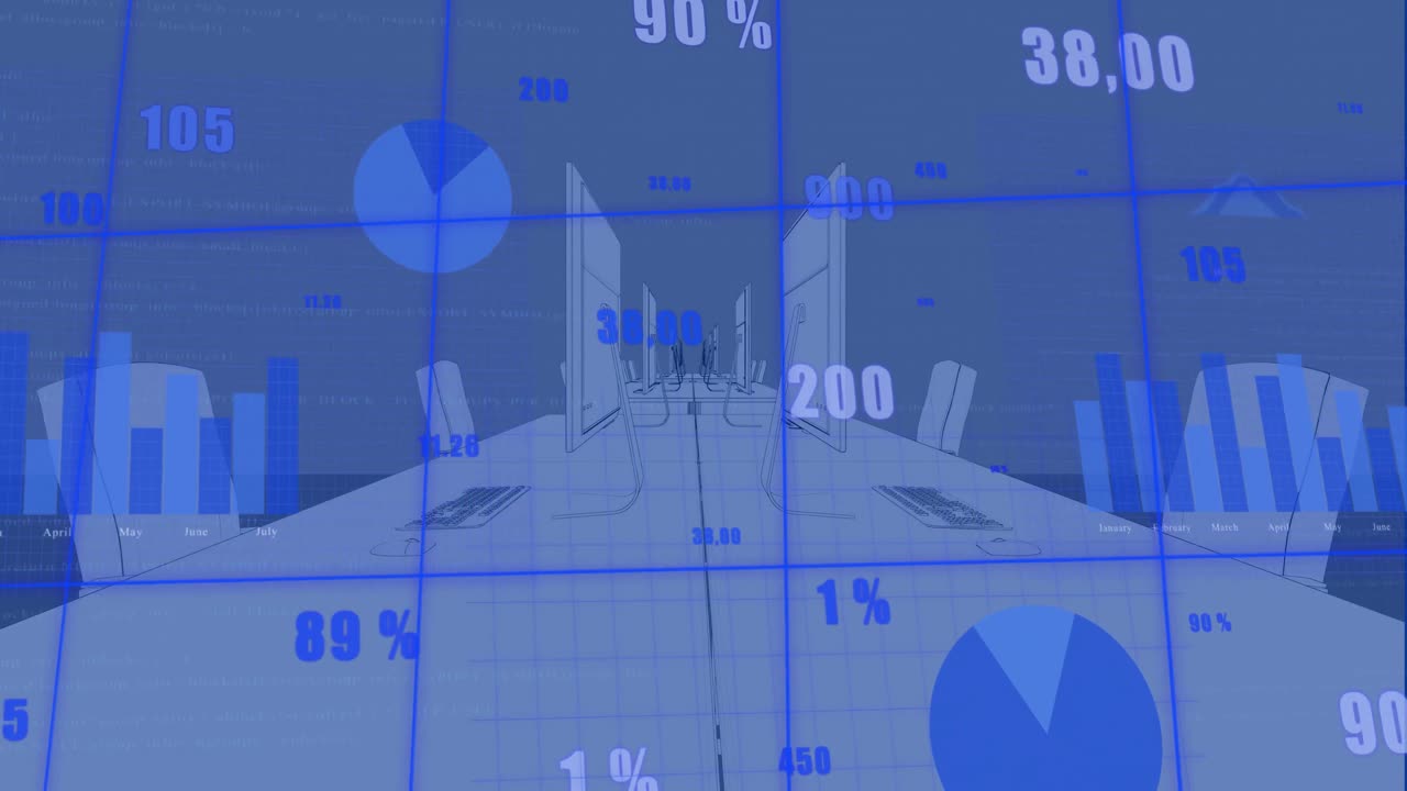 animación del procesamiento de datos estadísticos a través de la red de red contra el modelo de oficina 3d.