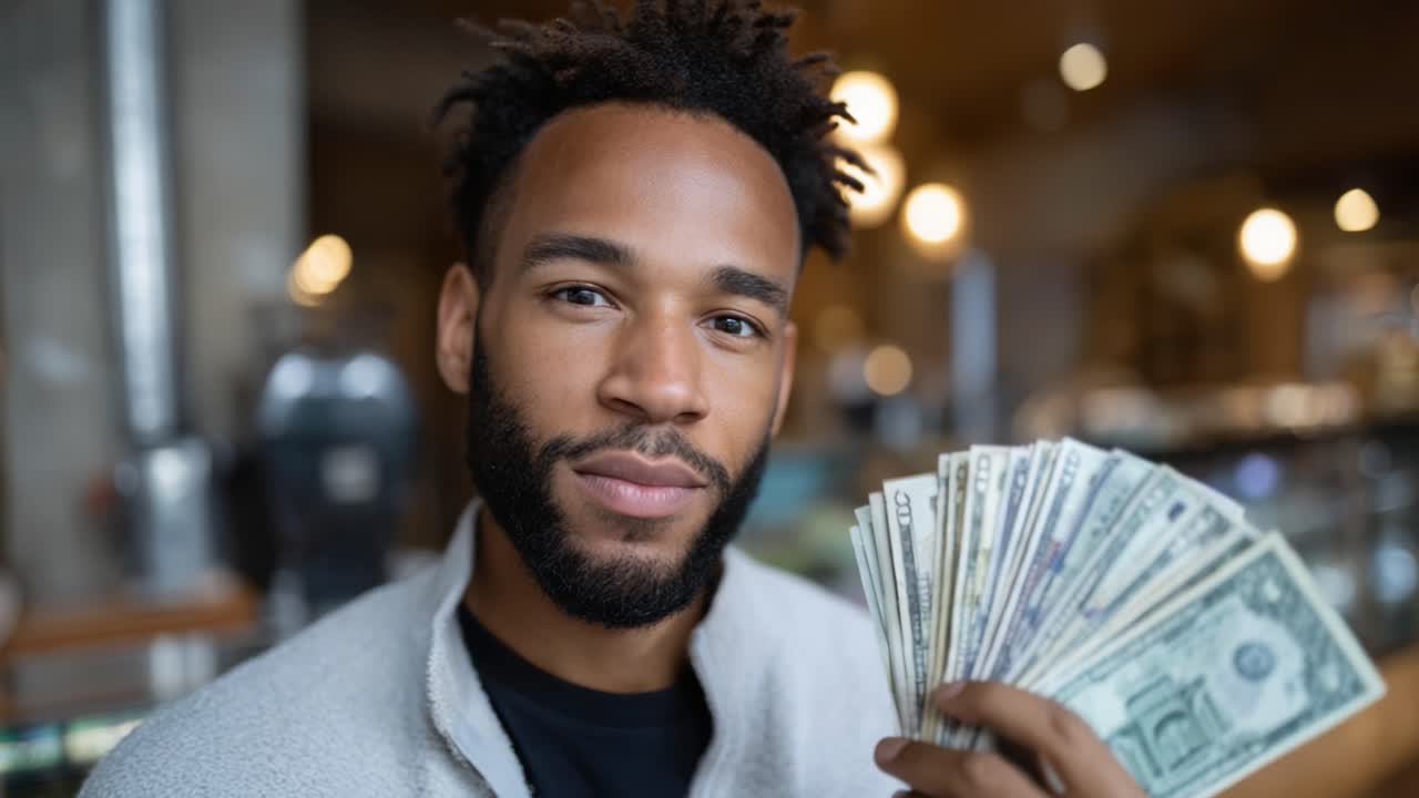 Jovem confiante mostrando um punhado de notas de dólar em um ambiente de café moderno, exibindo sucesso financeiro e conquista pessoal