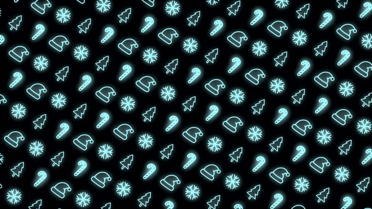 Neon Blue Christmas Pattern with Santa Hats, Trees, Candy Canes, and Snowflakes on Black Background
