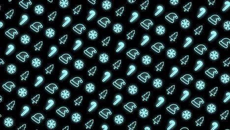 neon blue christmas pattern with santa hats, trees, candy canes, and snowflakes on black background