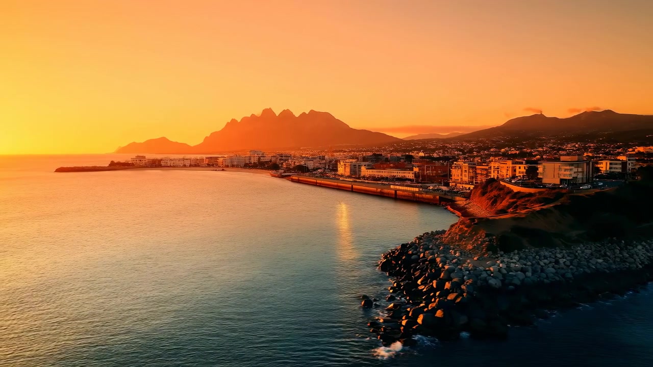 Vista aerea di una città costiera con un porto, una costa rocciosa, acqua calma e montagne che brillano di una calda luce serale sotto un cielo sereno