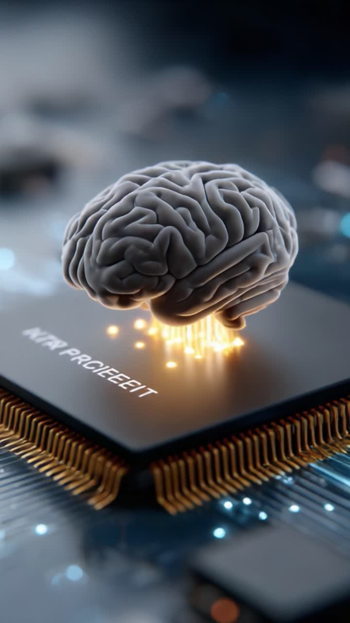 A Creative Fusion of Technology and Neuroscience: Artistic Visualization of a Brain Floating Above a Microprocessor, Symbolizing Innovation and Intelligence in Modern Computing
