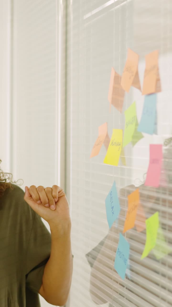 Woman using adhesive notes to present ideas in a coworking