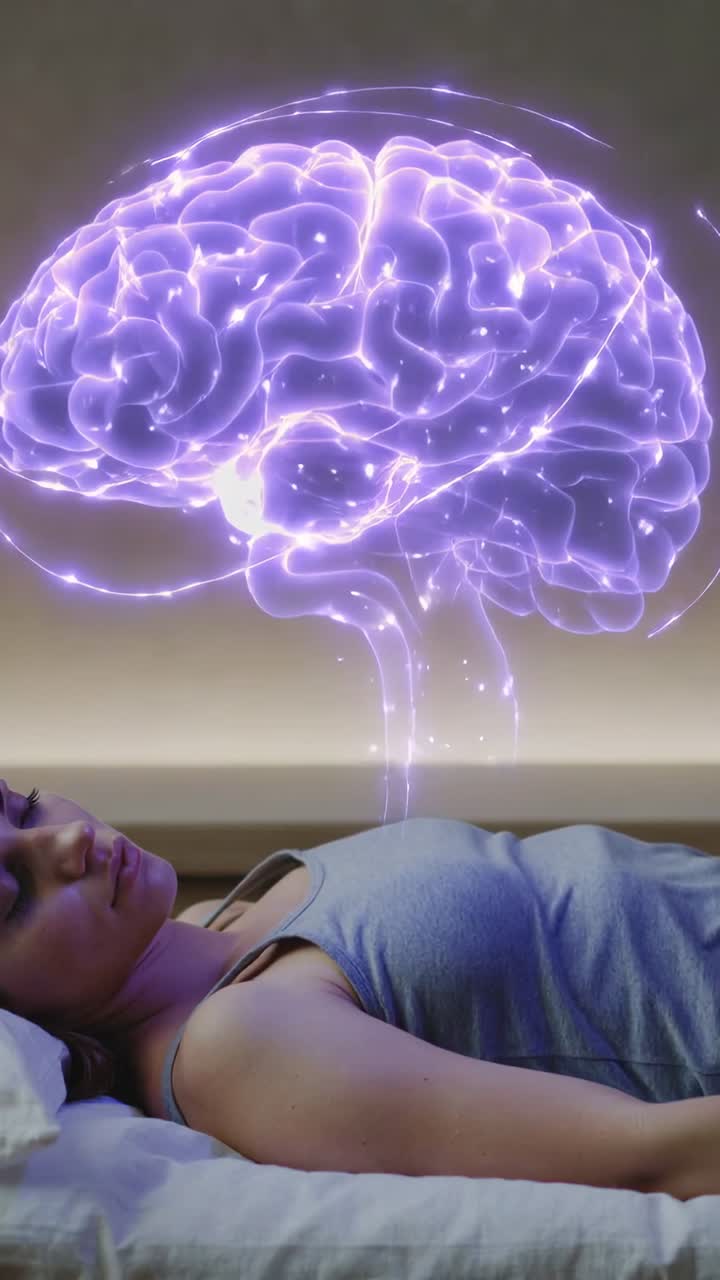 Video verticale: Donna che riposa a letto con canotta chiara, un flusso che si addensa alimentando una visualizzazione di cervello viola