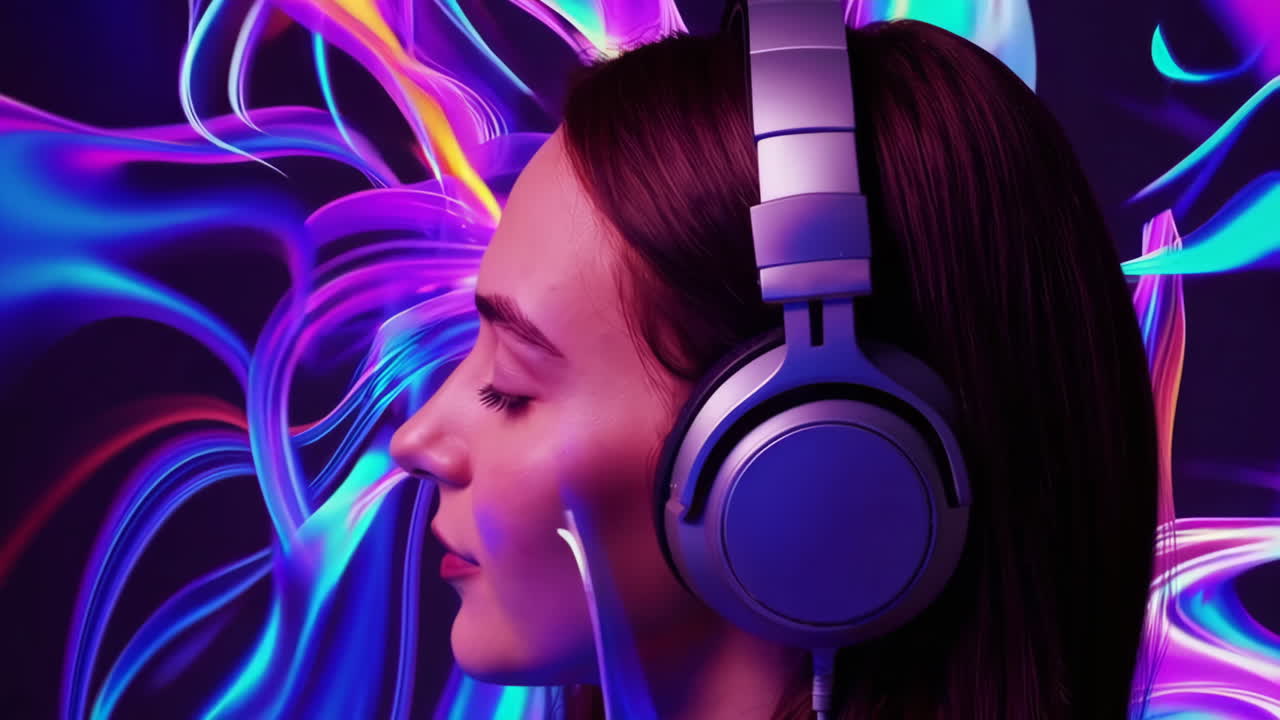 Woman Listening to Music with Neon Headphones