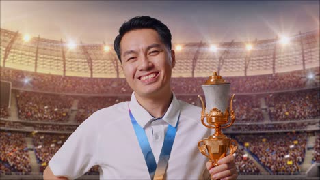 close up of asian man with a gold medal and trophy smiling to camera with one arm akimbo posing as the first winner at the stadium