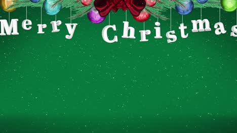 Animation-of-snow-falling-over-christmas-text-and-decorations-with-copy-space-on-green-background