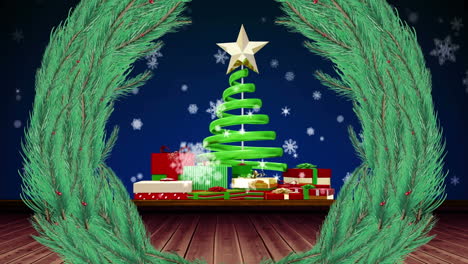 corona de navidad y copos de nieve cayendo sobre el árbol de navidad y regalos iconos contra fondo azul