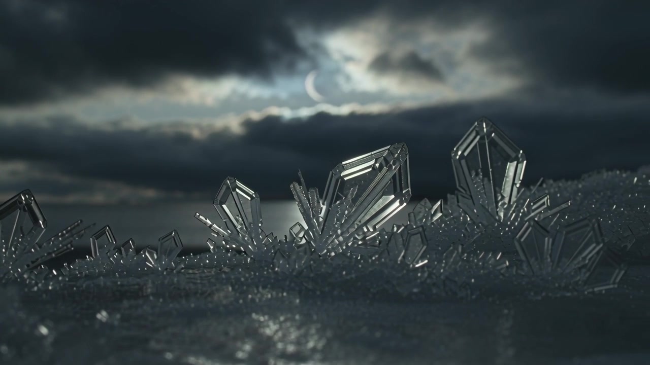 Pulling camera revealing faceted ice crystals on icy shore at night, to reveal reflective water