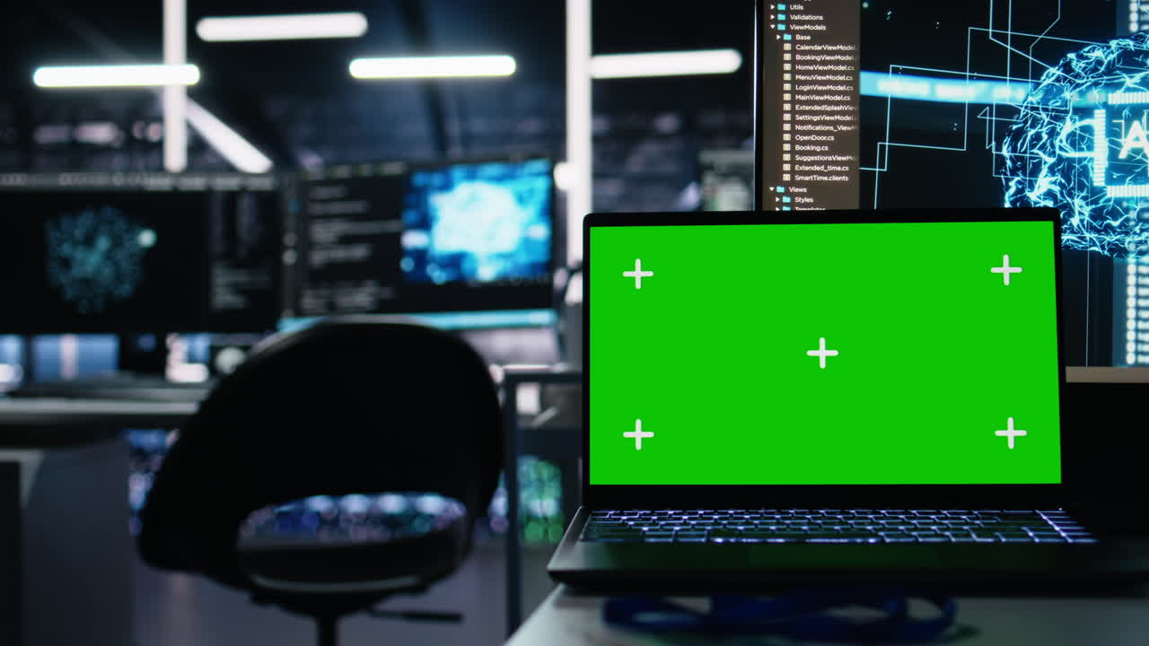 Close Up Of Mockup Laptop In Data Center Doing Neural Network Visualization