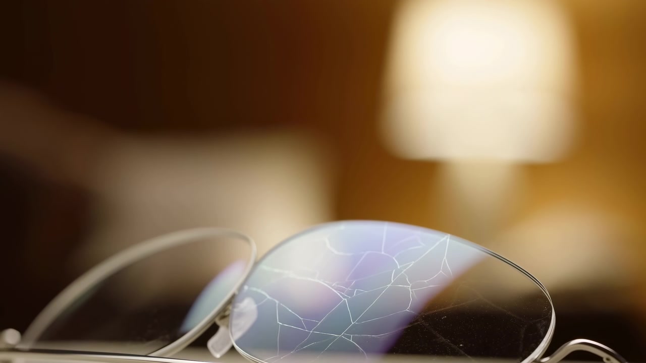 Vista obliqua dal basso di occhiali rotondi in metallo su un tavolo lucido, che mostra la lente destra fratturata con crepe a ragnatela, polvere, riflessi tenui, bokeh caldo di una lampada da comodino, ambientazione interna tranquilla.