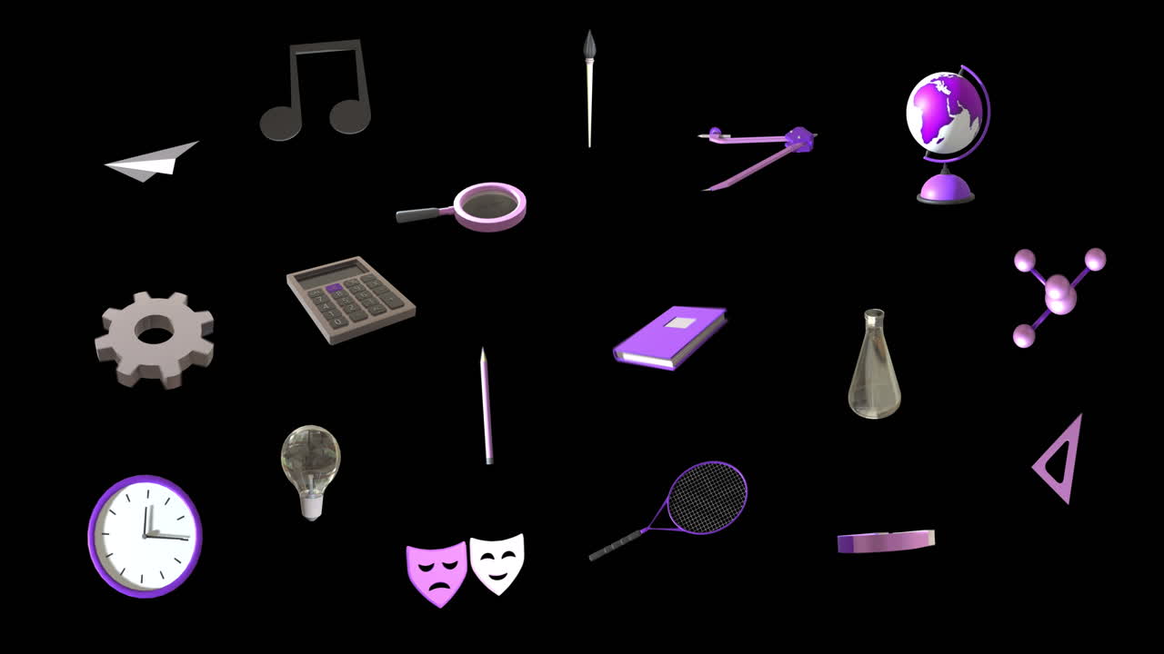 animación de iconos educativos con espacio de copia sobre fondo negro