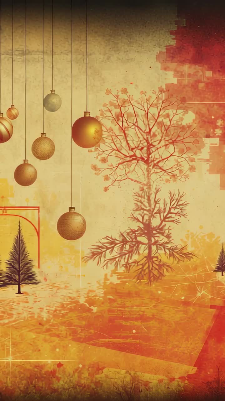 Vertical video: Swaying ornaments catching glow on gold wall, with tree, sparkles, copy space