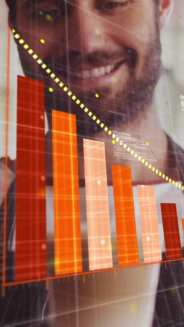 Animación de gráfico de barras, base de datos sobre un barista caucásico sonriente sosteniendo un vaso de café