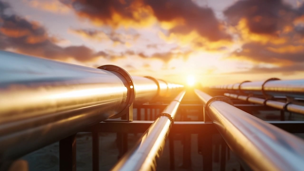 Industriell rørledningsinfrastruktur med solnedgang i bakgrunnen, som fanger skjønnheten i ingeniørkunst og natur i harmonisk balanse