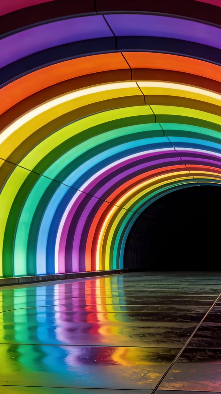 Video vertical: Cámara en movimiento desplazándose hacia adelante a la derecha a través de un túnel, revelando reflejos de arcos LED.