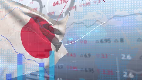 animation of financial statistics recording over flag of japan waving