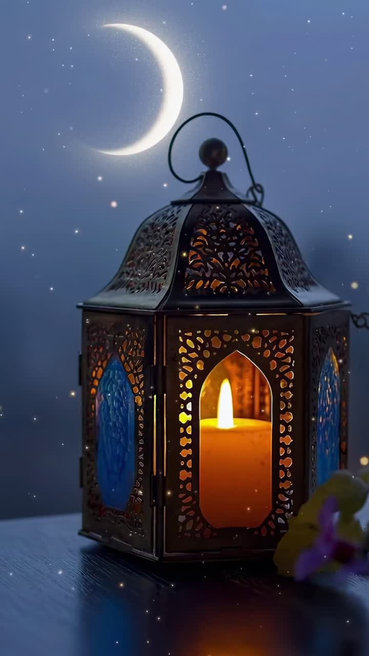 Lanterna eterea con candela, luna crescente e stelle. Angolazione bassa, stile video sognante. Mobile live