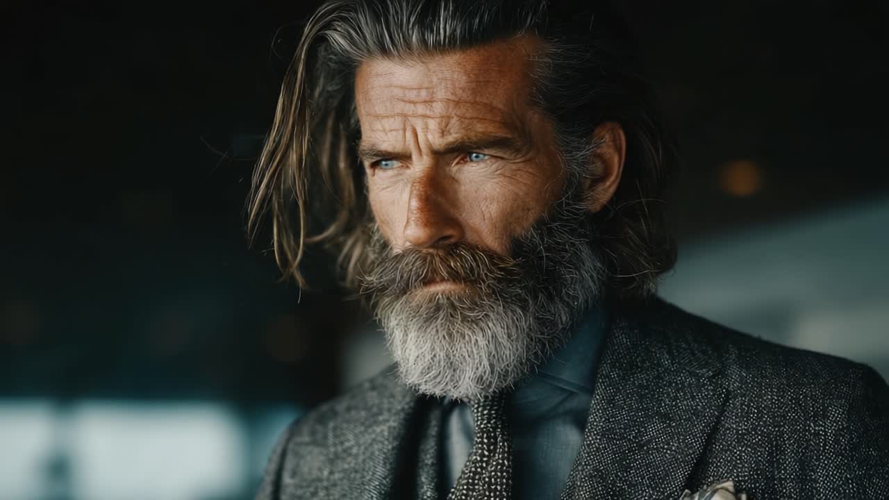 En fornem herre med langt hår og et fyldigt skæg, der udstråler selvtillid og elegance, klædt i et stilfuldt jakkesæt mod en blødt sløret baggrund