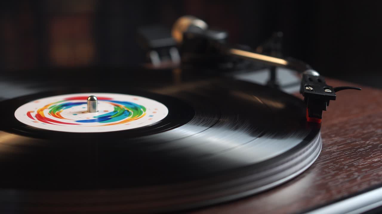 Avvio della riproduzione di un disco in vinile a lunga durata con sticker colorato su giradischi rotante