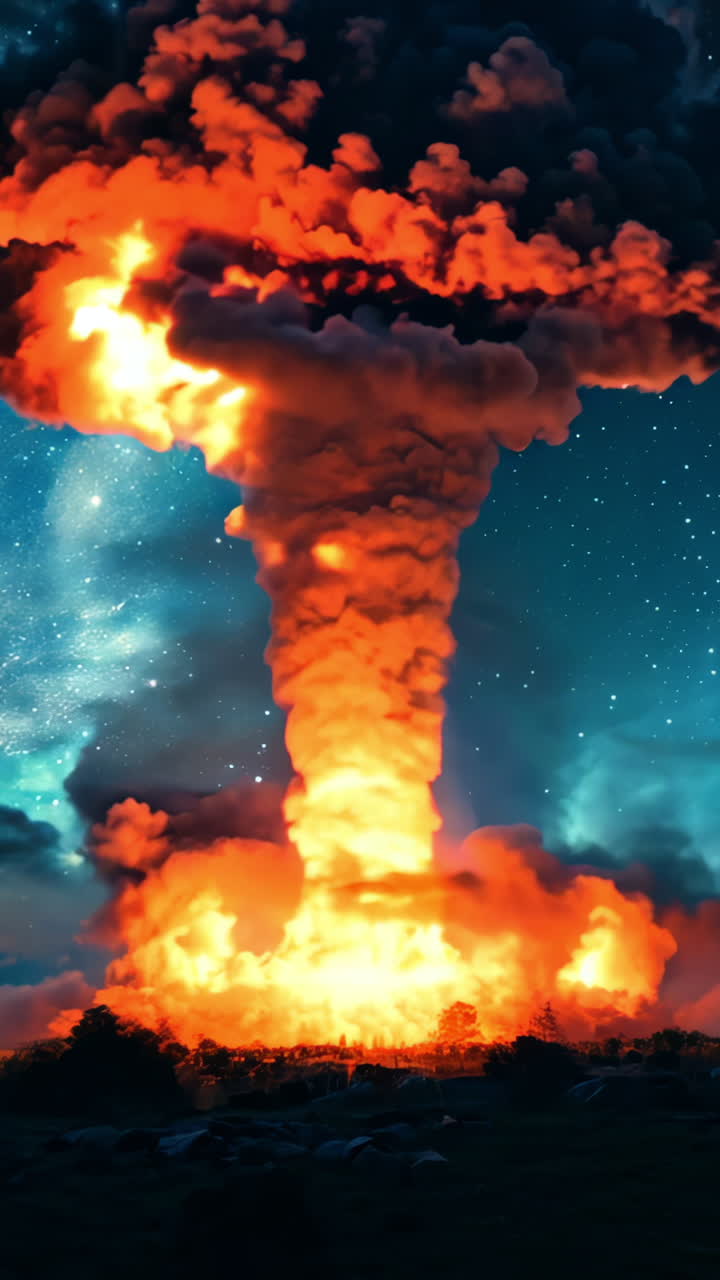 A large mushroom cloud is rising from the ground in a field. The sky is dark and cloudy, with a few stars visible. The scene is ominous and foreboding
