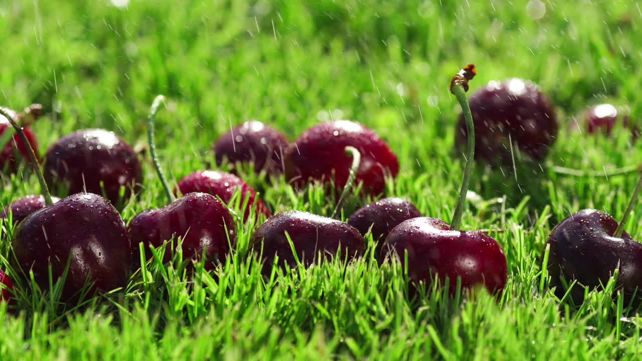 Red berries ripe cherries lie on green the grass