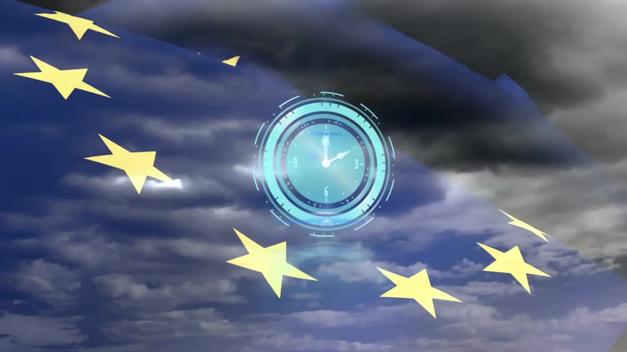 Animazione di orologio con lancette in movimento su bandiera dell'Unione Europea e cielo nuvoloso