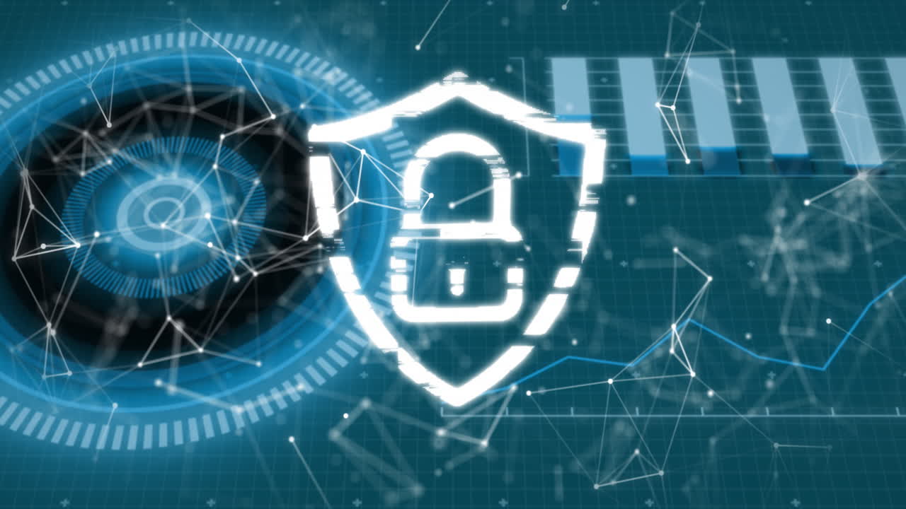 연결, 데이터 및 디지털 방패의 애니메이션 녹색 배경에  ⁇ 락이 있습니다.