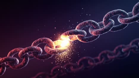visual representation of a chain breaking apart, symbolizing separation, conflict, or overcoming adversity with sparks and dramatic lighting effects