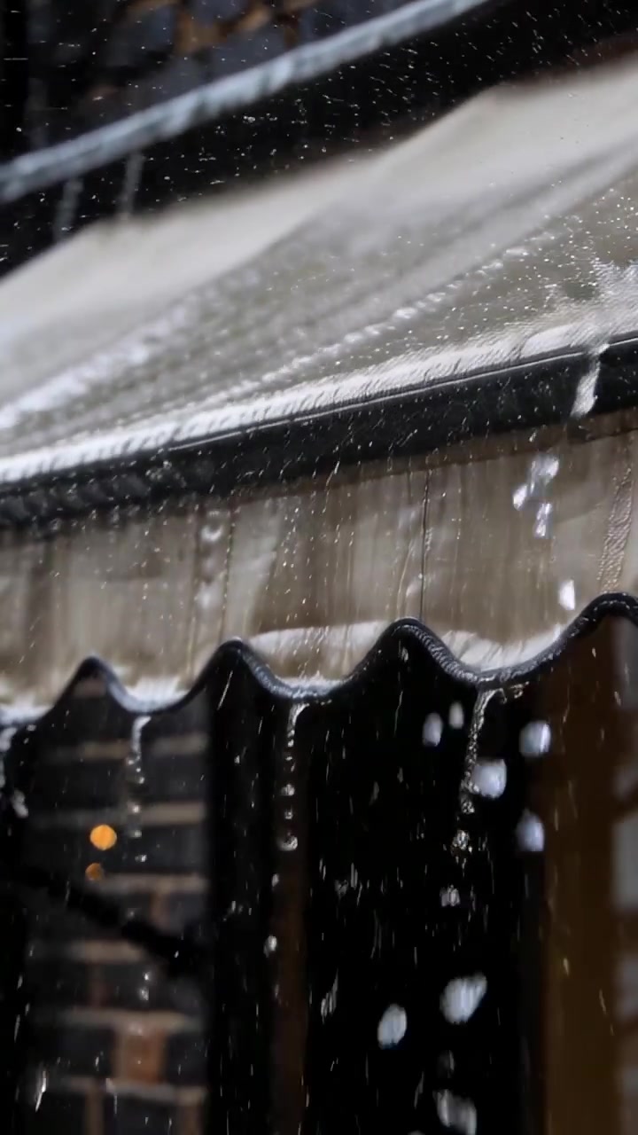 Vertical video: Scalloped awning collecting sleet and sliding off at brick wall, creating splashes