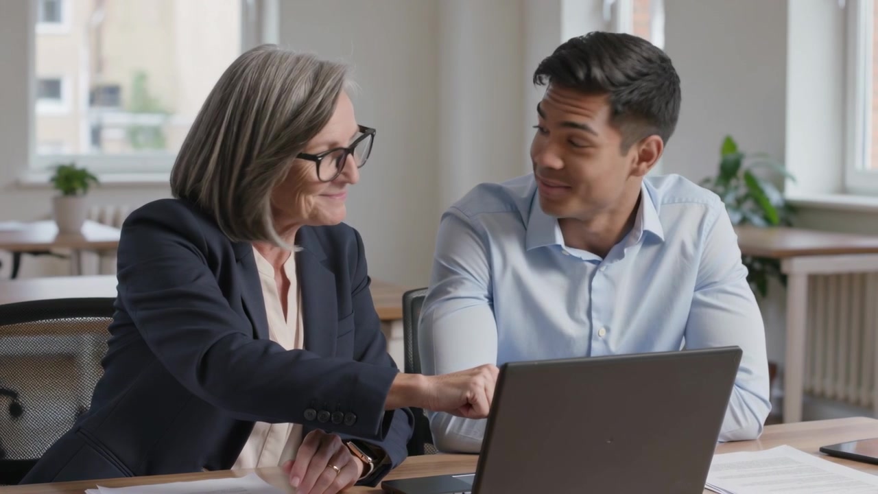 Pointing senior woman in navy blazer guiding colleague in blue shirt at desk, tapping open laptop