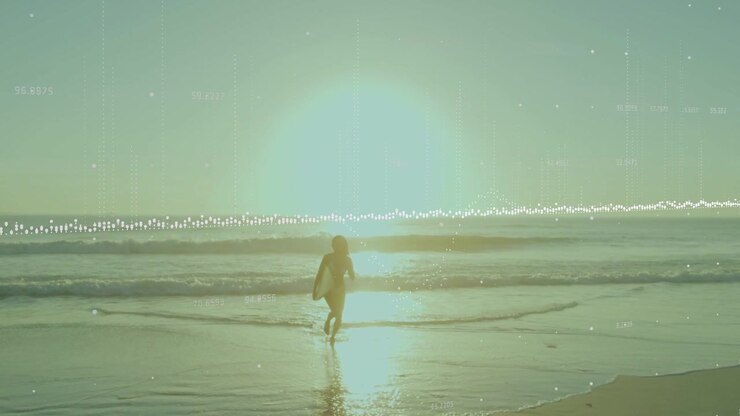 Low sun glare drawing woman carrying surfboard, preparing for surfing, shifting to running back