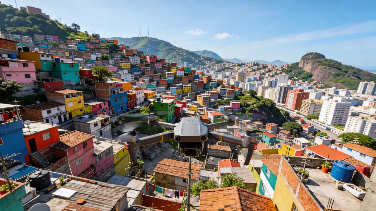 Drone grigio con eliche rotanti che si solleva e ripiega i bracci, librandosi all'indietro sopra una collina che mostra case colorate