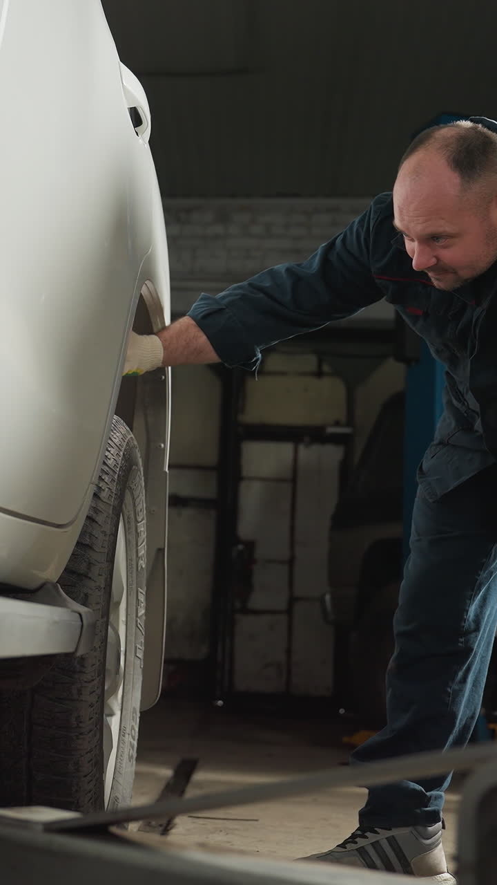 mecánico en uniforme azul usa lámpara led para inspeccionar el neumático de un coche blanco en el garaje, inclinándose con la mano izquierda en la rodilla, mostrando enfoque y precisión