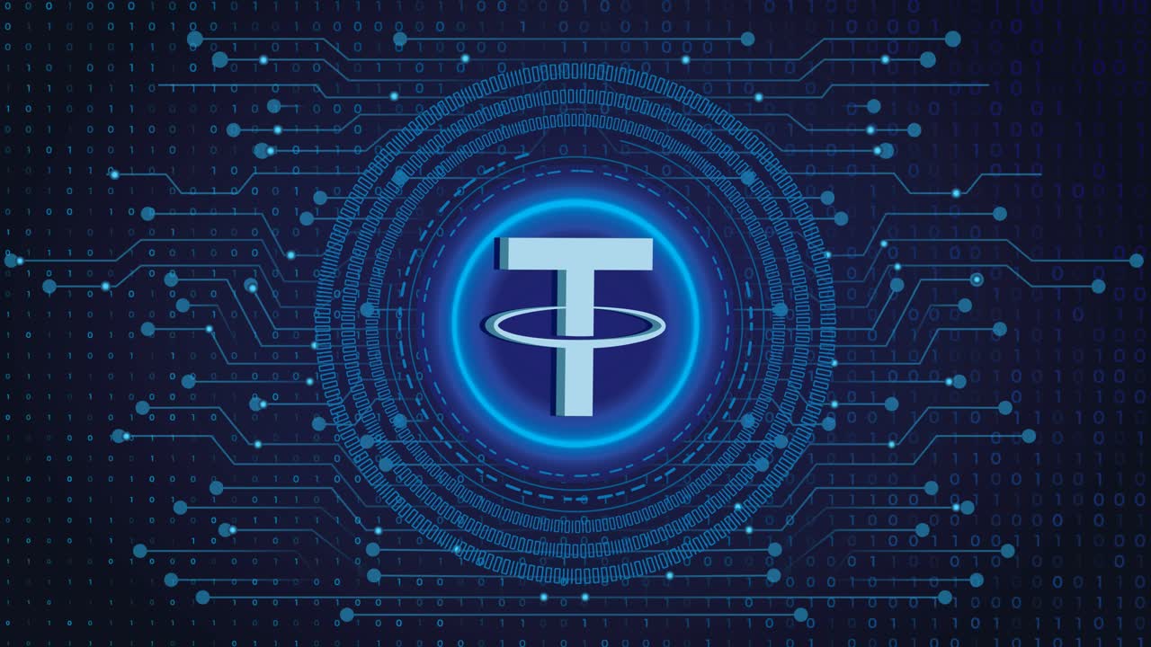 파란색 배경 개념에 테더 코인 암호화 블록체인 암호화 통화 디지털 암호화, 디지털 화폐 교환, 기술 글로벌 네트워크 연결