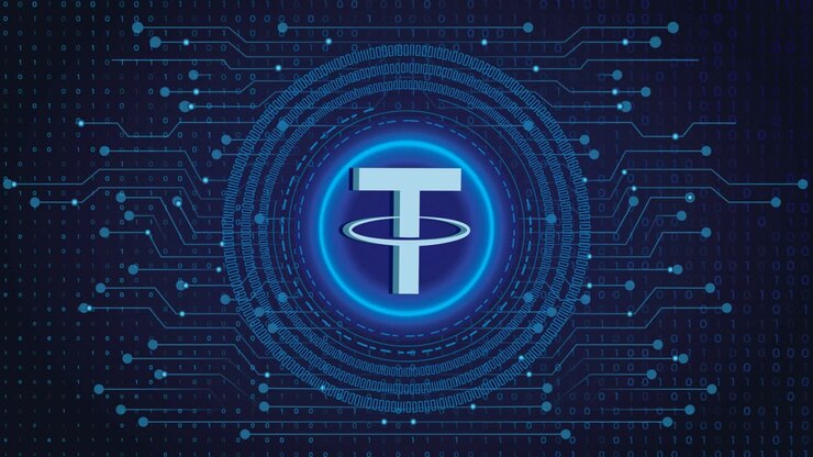 Tether Coin Crypto blockchain crypto currency digital encryption, Digital money exchange, Technology global network connections on a Blue background concept